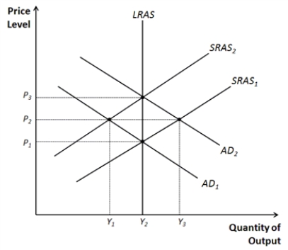Figure 33-3.   -Refer to Figure 33-3.The natural rate of output occurs at A) Y<sub>1</sub>. B) Y<sub>2</sub>. C) Y<sub>3</sub>. D) both Y<sub>1</sub> and Y<sub>3</sub>.