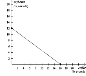 Figure 3-19 Chile's Production Possibilities Frontier Colombia's Production Possibilities Frontier     -Refer to Figure 3-19.Chile's opportunity cost of one pound of soybeans is A) 3/4 pound of coffee and Colombia's opportunity cost of one pound of soybeans is 1/2 pound of coffee. B) 3/4 pound of coffee and Colombia's opportunity cost of one pound of soybeans is 2 pounds of coffee. C) 4/3 pounds of coffee and Colombia's opportunity cost of one pound of soybeans is 1/2 pound of coffee. D) 4/3 pounds of coffee and Colombia's opportunity cost of one pound of soybeans is 2 pounds of coffee.
