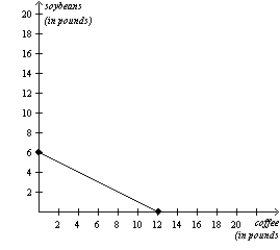 Figure 3-19 Chile's Production Possibilities Frontier Colombia's Production Possibilities Frontier     -Refer to Figure 3-19.Chile's opportunity cost of one pound of soybeans is A) 3/4 pound of coffee and Colombia's opportunity cost of one pound of soybeans is 1/2 pound of coffee. B) 3/4 pound of coffee and Colombia's opportunity cost of one pound of soybeans is 2 pounds of coffee. C) 4/3 pounds of coffee and Colombia's opportunity cost of one pound of soybeans is 1/2 pound of coffee. D) 4/3 pounds of coffee and Colombia's opportunity cost of one pound of soybeans is 2 pounds of coffee.