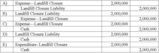 The Town of Conway opened a solid waste landfill in 2001 that is now filled to capacity. The city initially anticipated closure costs of $2 million. These costs were not expected to be incurred until the landfill is closed. What is the final journal entry to record these costs assuming the estimated $2 million closure costs were properly recorded and the landfill is accounted for in an enterprise fund?   A)  Option A B)  Option B C)  Option C D)  Option D E)  Option E