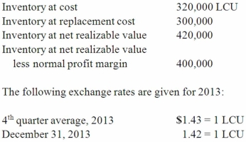 A foreign subsidiary uses the first-in first-out inventory method. The following inventory balances are given at December 31, 2013 in local currency units (LCU) :   Compute the December 31, 2013, inventory balance using the current rate method. A)  $454,400. B)  $457,600. C)  $596,400. D)  $568,000. E)  $426,000.