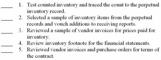The tests of controls for inventory records would include the following procedures. A. Existence. B. Rights and obligations. C. Completeness. D. Accuracy and valuations. E. Presentation and disclosure. For each of the procedures, place the letter of the correct ASB balance assertion(s). Only one letter per procedure should be used.   
