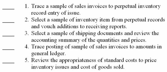 The tests of controls for inventory records would include the following procedures. A. Existence. B. Rights. C. Completeness. D. Valuation. E. Presentation and disclosure.   