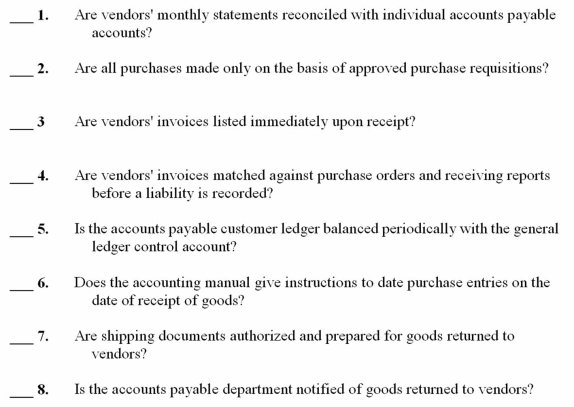 The internal control questionnaire for purchases and accounts payable includes the following questions.Next to each of the questions,indicate the letter of the related transaction assertion. A. Occurrence B. Completeness C. Accuracy D. Classification E. Cutoff  