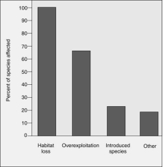 Which of the following is a correct interpretation of this graph?   A) Habitat loss and overexploitation are the major reasons for species extinctions. B) Habitat loss and introduced species are the major reasons for species extinctions. C) Habitat loss and altered sex ratios are the major reasons for species extinctions. D) Overexploitation and introduction of exotic species have had a greater combined effect on species than habitat loss.