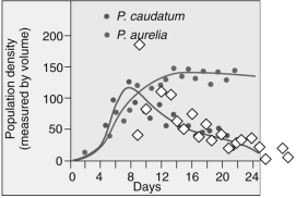 Which statement correctly interprets the graph?   A) Paramecium caudatum drives Paramecium aurelia to near extinction. B) Paramecium aurelia drives Paramecium caudatum to near extinction. C) Paramecium caudatum and Paramecium aurelia are able to compete for the same resource and their population densities are not affected. D) Paramecium caudatum and Paramecium aurelia are unable to exist and both populations go extinct after 24 days.