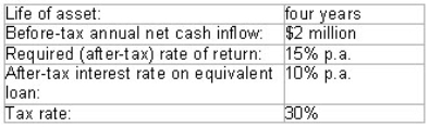 Tow Ltd plans to expand its fleet of train engines.It is considering the following alternatives:   Purchase     Lease   Further information is as follows:   Calculate the NPV of the project if Tow Ltd decides to purchase the train engine. A) $775 531 B) $1 310 839 C) $231 163 D) $625 330