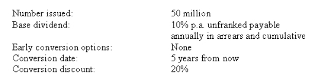 Koppen Ltd has just raised $1 billion by an issue of converting preference shares on the following terms:   An investor,W.Street,currently owns 500 000 Koppen Ltd CPS.If the ordinary share price immediately prior to conversion is expected to be $2.00 per share,calculate the number of ordinary shares that W.Street expects to receive on conversion. A) 625 000 ordinary shares. B) 6 250 000 ordinary shares. C) 12 500 000 ordinary shares. D) 1 250 000 ordinary shares.