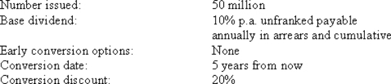 Koppen Ltd has just raised $1 billion by an issue of converting preference shares on the following terms:   An investor,W.Street,currently owns 500 000 Koppen Ltd CPS.The ordinary share price immediately prior to conversion is expected to be $2.00 per share.Calculate the total value of ordinary shares expected to be received by W.Street on conversion. A) $25 000 000 B) $12 500 000 C) $50 000 000 D) $5 000 000
