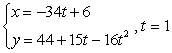 Parametric equations for the position of an object are given. Find the object's velocity and speed at the given time.   A)  horizontal component of velocity: -34 Vertical component of velocity: -17 Speed:   B)  horizontal component of velocity: 34 Vertical component of velocity: 47 Speed:   C)  horizontal component of velocity: 34 Vertical component of velocity: -47 Speed:   D)  horizontal component of velocity: -34 Vertical component of velocity: 17 Speed:  