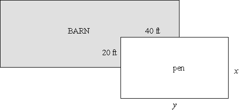Bubba, a farmer, wants to build a pen using the 20 ft   40 ft corner of his barn as part of the pen as shown in the figure below (the corner will not require any fencing) . If Bubba has 128 ft of available fencing, then what will be the maximum area?   A)  2209 square feet B)  1764 square feet C)  1369 square feet D)  1024 square feet