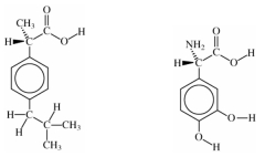 What functional groups are common to both ibuprofen and dopa?   A) acid B) alcohol C) amide D) amine