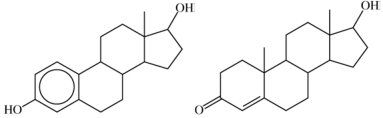 What structural feature do the two hormones shown have in common?   A) Both have alcohol functional groups. B) Both have ketone functional groups. C) Both are steroids. D) There are no structural features in common.