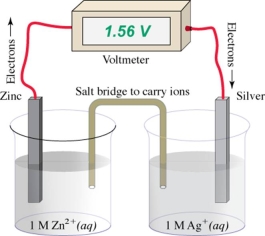 Which is the cathode in this galvanic cell?   A) the solid zinc electrode B) the Zn<sup>2+</sup>(aq) ions in the 1 M solution C) the solid silver electrode D) the Ag<sup>+</sup>(aq) ions in the 1 M solution