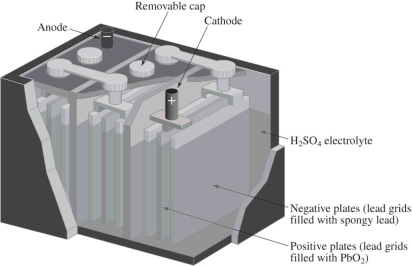 In the lead-acid (storage) battery,   The cathode is the A) H<sub>2</sub>SO<sub>4</sub> electrolyte. B) negative plates,lead/spongy lead. C) positive plates,lead/PbO<sub>2</sub>. D) casing enclosing the entire battery.