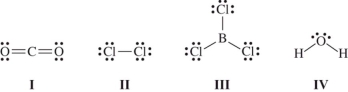 Which molecule(s) contain(s) polar covalent bonds,but is(are) nonpolar?   A) I only B) III only C) II and IV only D) I and III only