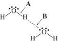 The drawing shows two water molecules.Which statement is correct?   A) A: covalent bond;B: hydrogen bond;B is stronger B) A: hydrogen bond;B: covalent bond;A is stronger C) A: covalent bond;B: hydrogen bond;A is stronger D) A: hydrogen bond;B: covalent bond;B is stronger