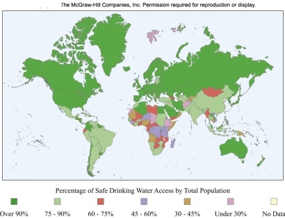 The world map shows the availability of safe drinking water around the world.Which statement is true?   A) In Australia,less than 75% of the population has access to safe drinking water. B) In most of Africa,more than 90% of the population has access to clean water. C) In Europe and Russia,more than 10% of the population does not have access to clean water. D) In the United States and Canada,more than 90% of the population has access to clean water.