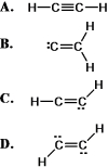 Which of these represents the best Lewis structure for acetylene (C<sub>2</sub>H<sub>2</sub>) ?   A) A B) B C) C D) D