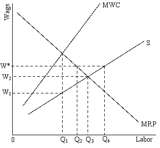 refer to the following diagram  -Suppose this firm is a perfectly discriminating monopsonist.If W* is imposed as the minimum wage,then: A) employment will rise from Q<sub>1</sub> to Q<sub>2</sub> B) employment will fall from Q<sub>3</sub> to Q<sub>1</sub> C) employment will fall from Q<sub>3</sub> to Q<sub>2</sub> D) employment will be unaffected
