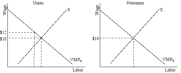  refer to the following diagram. Wages in both the union and nonunion sectors are initially $10. The union then negotiates a wage rate of $12. The post-negotiation nonunion wage is not yet known.  -The spillover effect would be modeled by: A) shifting the nonunion supply curve to the right,increasing the measured union wage advantage B) shifting the nonunion demand curve to the right,reducing the measured union wage advantage C) shifting the union demand curve to the right,increasing the measured union wage advantage D) raising the nonunion wage above its equilibrium level,reducing the true union wage advantage