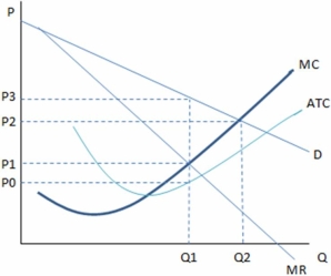 This graph shows the cost and revenue curves faced by a monopoly.   According to the graph shown,if Q2 units are being produced,this monopolist: A) is earning negative profits. B) should cut back production to increase profits. C) is maximizing revenue. D) is maximizing profits.