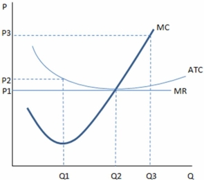 This graph represents the cost and revenue curves of a firm in a perfectly competitive market.   According the graph shown,the firm's most efficient scale of operation is to produce quantity: A) Q1. B) Q2. C) Q3. D) Any quantity as long as P1 is charged.