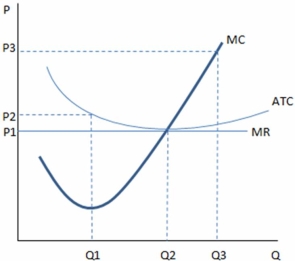 This graph represents the cost and revenue curves of a firm in a perfectly competitive market.   According to the graph shown,if a firm is producing at Q3: A) profits are being maximized. B) average total costs exceed the market price. C) the firm should expand production. D) All of these are true.