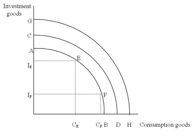 The Following Questions Refer to the graph below.   -A change in consumption from C<sub>E</sub> to C<sub>F</sub> could be caused by which of the following? A) The bequest effect B) The retirement effect C) The wealth substitution effect D) All of the above E) None of the above