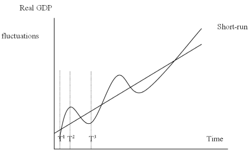 The Following Questions Refer to the graph below.   -An economic contraction is illustrated on the graph A) At point T<sup>2</sup> B) At point T<sup>3</sup> C) Between T<sup>1</sup> and T<sup>2</sup> D) Between T<sup>2</sup> and T<sup>3</sup> E) Along the straight line
