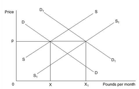 The Following Questions Refer to the graph below.   -If demand and supply shift to D<sub>1</sub>D<sub>1</sub> and S<sub>1</sub>S<sub>1</sub>,market price will be A) P B) Above P C) Below P D) Indeterminate E) The price that goes with the quantity X