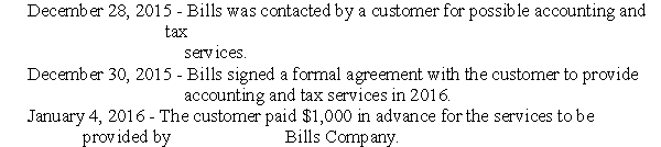The following events pertain to Bills Company:   January 11,2016 - Bills provided accounting and tax services to the customer. Using cash-basis accounting,on which date should Bills Company record revenue for the accounting and tax services? A) December 30,2015. B) December 31,2015. C) January 4,2016 D) January 11,2016.
