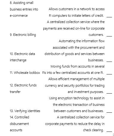 Choose among the following services provided by modern FIs.    
