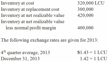 A foreign subsidiary uses the first-in first-out inventory method. The following inventory balances are given at December 31, 2013 in local currency units (LCU) :   Compute the December 31, 2013, inventory balance using the lower of cost or market method under the temporal method. A) $429,000. B) $457,600. C) $596,400. D) $568,000. E) $426,000.