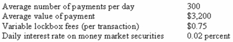Paper Submarine Manufacturing is investigating a lockbox system to reduce its collection time.It has determined the following:   The total collection time will be reduced by 2 days if the lockbox system is adopted.What is the NPV of adopting the lockbox system? A) $600,000 B) $675,000 C) $695,000 D) $745,000 E) $795,000