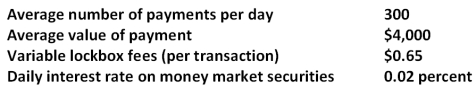 Paper Submarine Manufacturing is investigating a lockbox system to reduce its collection time. It has determined the following:   The total collection time will be reduced by 2 days if the lockbox system is adopted. What is the NPV of adopting the lockbox system? A) $600,000 B) $775,000 C) $975,000 D) $1,200,000 E) $1,425,000