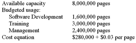The Document Creation Center (DCC) for Alegis Corp.provides photocopying and document services for three departments in the St.Paul office.The following budget has been prepared for the year.   If DCC uses a dual rate for allocating its costs based on usage,how much cost will be allocated to the Software Development Department? A) $98,000. B) $104,000. C) $112,000. D) $118,857.