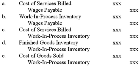 The journal entry to record the completion of a contract in a job costing system for a service firm is:   A) a. B) B. C) C. D) D.