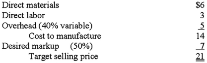The MNK Company has gathered the following information for a unit of its most popular product:   The above cost information is based on 4,000 units.A foreign distributor has offered to buy 1,000 units at a price of $16 per unit.This special order would not disturb regular sales.Variable shipping and other selling expenses would be an additional $1 per unit for the special order.If the special order is accepted,MNK's operating profits will increase by: A) $1,000. B) $1,600. C) $2,000. D) $4,000.