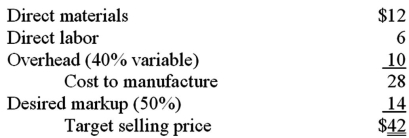 <strong>The Buchanan Company has gathered the following information for a unit of its most popular product: The above cost information is based on 10,000 units.A distributor has offered to buy 2,000 units at a price of $32 per unit.The distributor claims this special order would not disturb regular sales at $42.Special packaging and other selling expenses would be an additional $0.50 per unit for the special order.How many units of regular sales could be lost before this contract is not profitable?</strong> A)0 units. B)950 units. C)1,000 units. D)2,000 units.