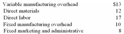 <strong>Waupun Company has the following unit costs: What cost per unit would be used for product costing under full absorption costing?</strong> A)$29 B)$42 C)$52 D)$60