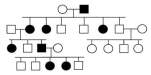 <strong>In the following pedigree, the indicated trait is caused by which type of allele?  </strong> A)autosomal recessive B)autosomal dominant C)X-linked recessive D)X-linked dominant E)Y-linked <div style=padding-top: 35px> 