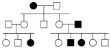 <strong>In the following pedigree, the indicated trait is caused by which type of allele?  </strong> A)autosomal recessive B)autosomal dominant C)X-linked recessive D)X-linked dominant E)Y-linked <div style=padding-top: 35px> 