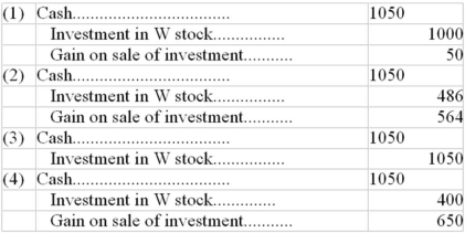  ZTC purchased shares of W common on the following dates:  \begin{array}{|l|r|} \hline \text { Purchases } &{\text { Cash }} \\ \hline \text { January } 1,500 \text { shares at } \$ 3& \$ 1,500 \\ \hline \text { March } 30,200 \text { shares at } \$ 2 & 400 \\ \hline \text { June } 20,100 \text { shares at } \$ 5 & 500 \\ \hline \text { August } 30,50 \text { shares at } \$ 7 & 350 \\ \hline \end{array}  The shares were designated FVTPL securities.ZTC then sold 150 of the March 30 shares that were purchased on September 9.The sale price was $7.00 per share.This sale should be recorded as follows (Round your intermediate calculations to two decimal places) :   A) Choice 1 B) Choice 2 C) Choice 3 D) Choice 4 