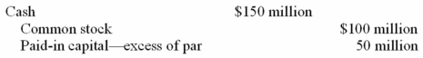 In January 2013, Despot recorded a transaction with this journal entry:   The transaction was for the: A) Issue of 2 million shares of common stock at par value. B) Issue of common stock for $150 million in cash. C) Receipt of $20 per share for a new stock issue. D) All of the above are correct.
