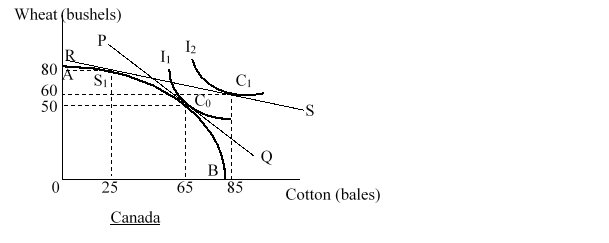 In the figure given below AB is the production-possibility curve of Canada. In the absence of trade, the price ratio is 1 bushel of wheat/bale of cotton as shown by the line PQ. The international price ratio is 0.25 bushels of wheat/bale of cotton as shown by the line RS. I<sub>1 </sub>and I<sub>2</sub> are the pre-trade and the post trade community indifference curves of Canada respectively. In the absence of trade Canada will:   A) produce and consume at point S<sub>1</sub><sub>.</sub> B) produce and consume at point C<sub>0</sub><sub>.</sub> C) produce at point S<sub>1</sub> and consume at point C<sub>0</sub><sub>.</sub> D) produce and consume at point C<sub>1</sub>.
