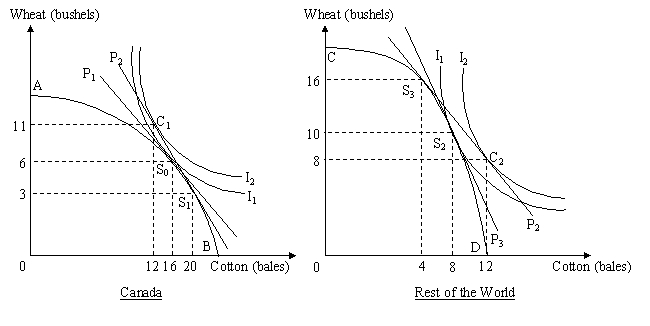 <strong>The figure given below shows the production-possibility curves of Canada (AB) and the Rest of the World (CD). The pre-trade price ratio in Canada and the Rest of the World are given by the lines P<sub>1</sub> and P<sub>3</sub> respectively. The international price ratio faced by the countries is represented by the line P<sub>2</sub>. I?<sub>1</sub> and I<sub>2</sub> are the pre-trade and post-trade social indifference curves for both Canada and the Rest of the World respectively. Before Canada entered into a trade with the rest of the world, the total amount of cotton produced in the world was _____ bales and the total amount of wheat produced in the world was _____ bushels. </strong> A)24; 19 B)24; 16 C)19; 24 D)18; 24