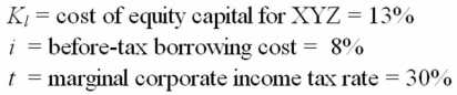 Assume that XYZ Corporation is a leveraged company with the following information:   Calculate the debt-to-total-market-value ratio that would result in XYZ having a weighted average cost of capital of 9.3%. A) 35% B) 40% C) 45% D) 50%