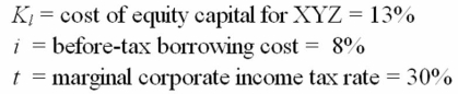 Assume that XYZ Corporation is a leveraged company with the following information:   If XYZ's debt-to-total-market-value ratio is 40%,then its weighted average cost of capital,K,is: A) 8% B) 9% C) 10% D) 12%