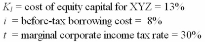 Assume that XYZ Corporation is a leveraged company with the following information:   Calculate the debt-to-total-market-value ratio that would result in XYZ having a weighted average cost of capital of 9.3%. A) 35% B) 40% C) 45% D) 50%